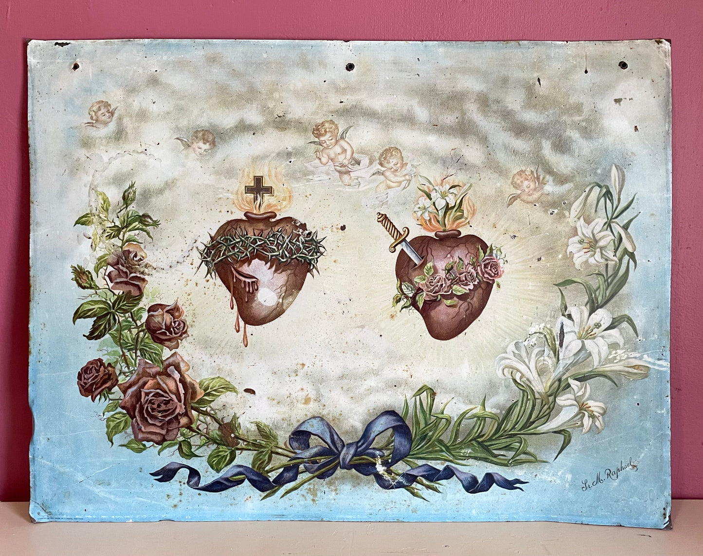 Sacred Heart of Jesus & Mary Lithograph on Tin