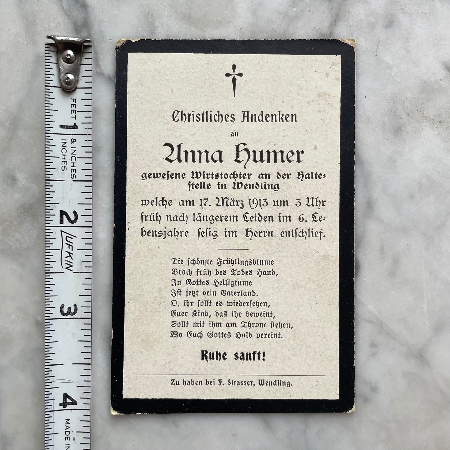 Antique Lithograph Mourning Card, 1913