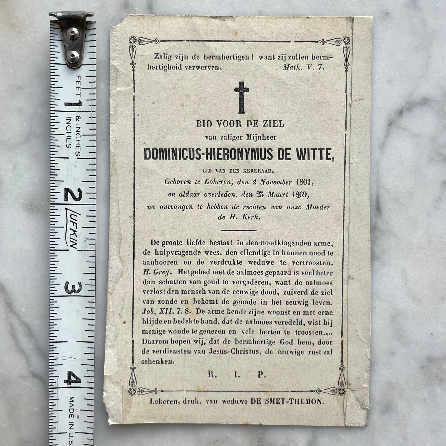 Antique Mourning Card, 1869