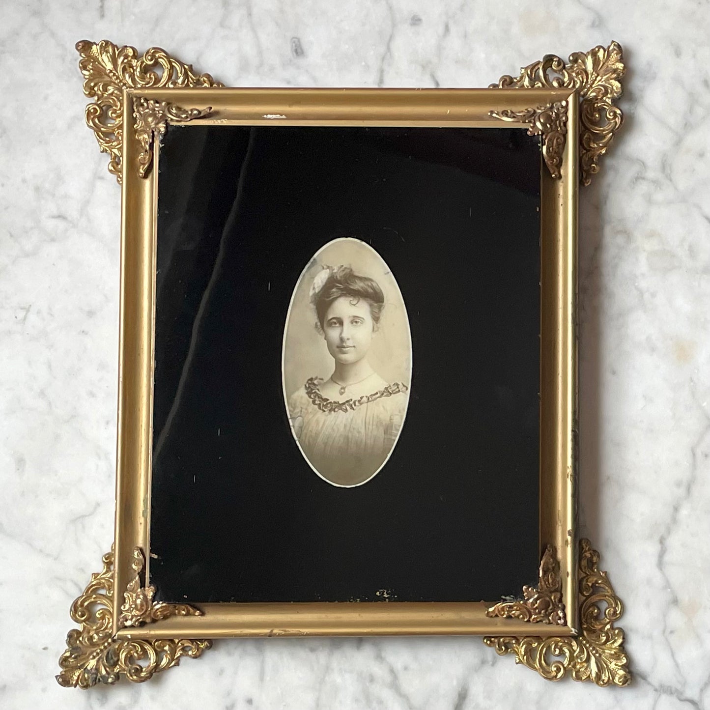 Antique Reverse Painted Glass Photo in Brass Frame