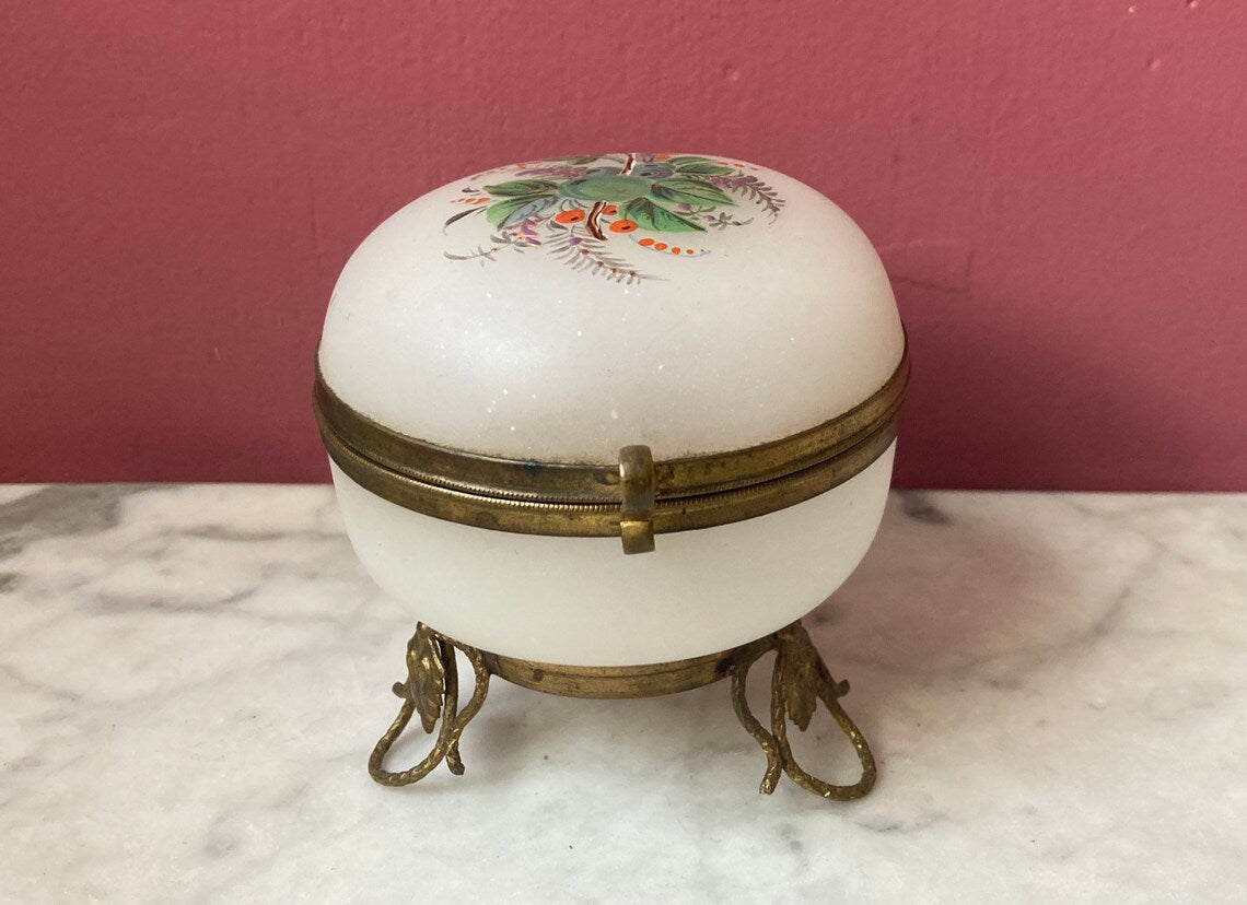 Victorian Hand Painted Opaline Glass Jewelry Box