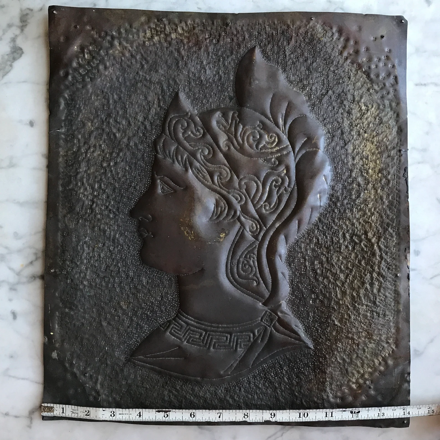Antique Pressed Tin Plaque of Pallas Athena