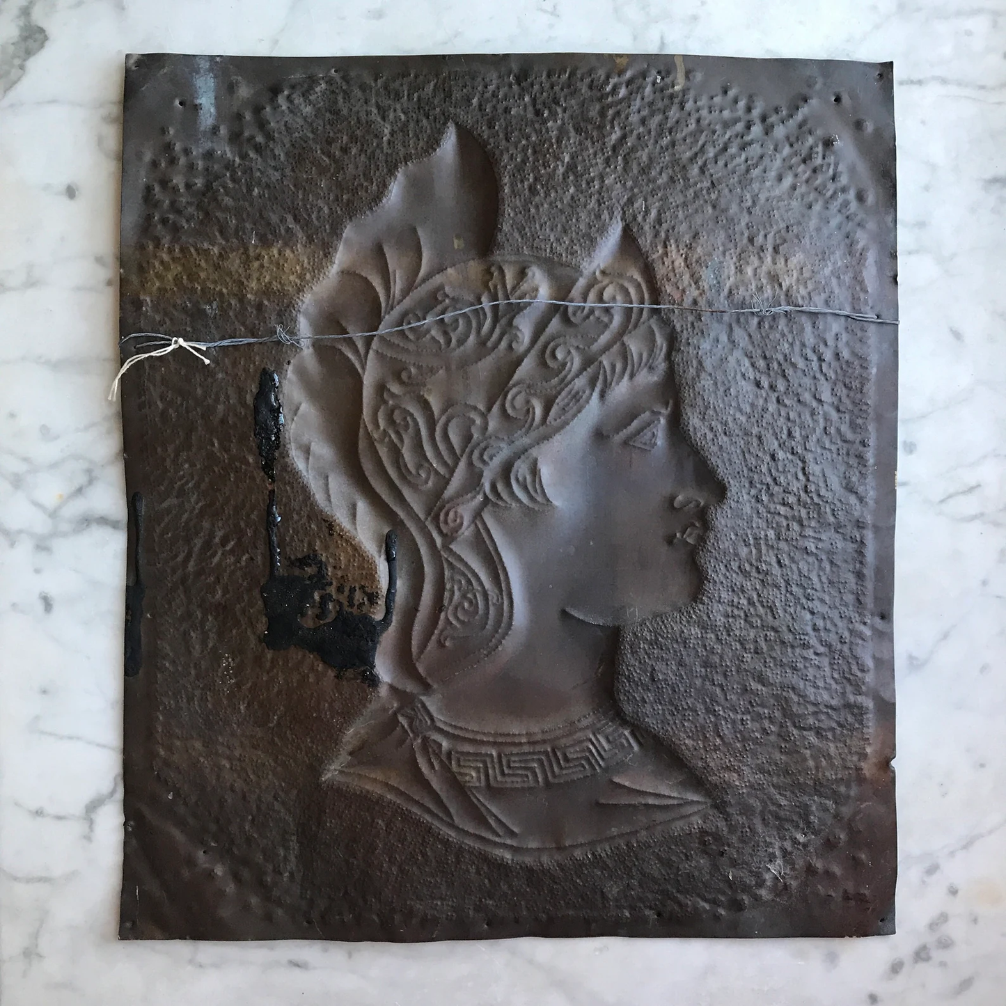 Antique Pressed Tin Plaque of Pallas Athena