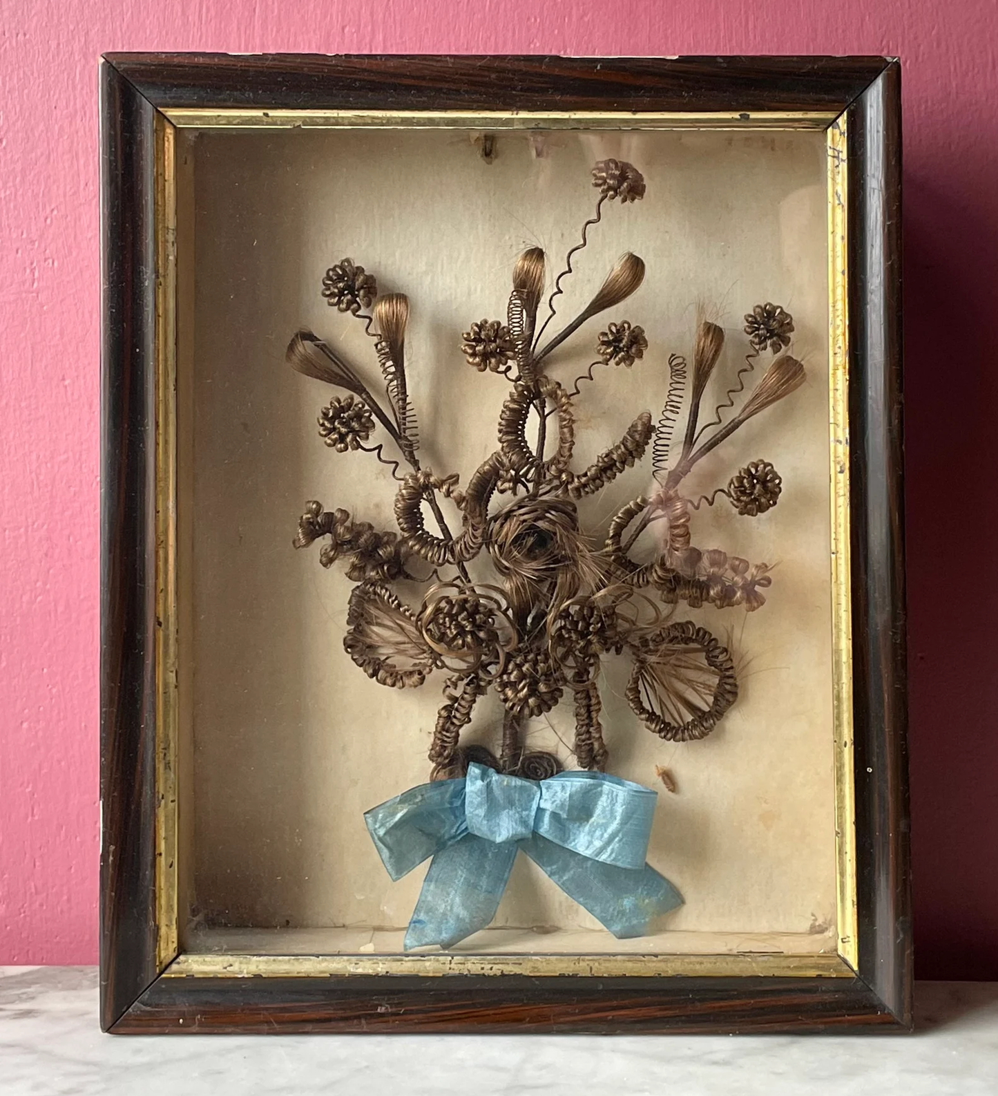 Victorian Hair Work Floral Bouquet in Original Shadow Box