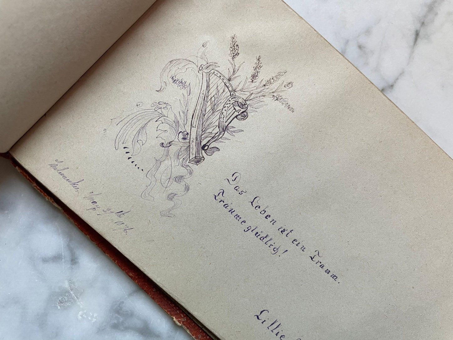 Victorian German Autograph Album with Locks of Hair