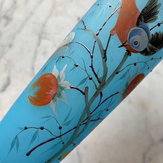 Victorian Blue Bristol Glass Vases with Birds