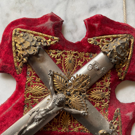 Antique Red Velvet Crucifix Holy Water Font