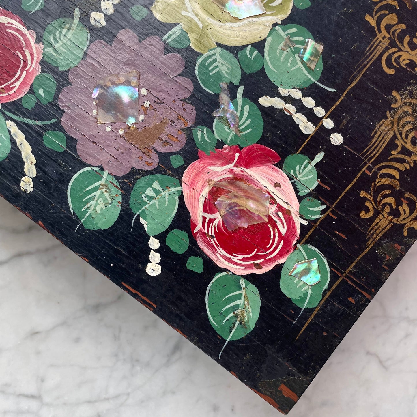 Victorian Floral Painted Box with Mother of Pearl