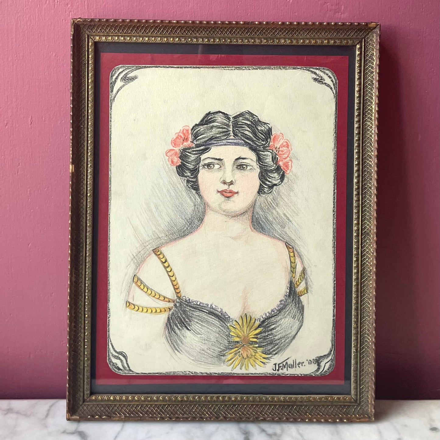 Belle Époque Beauty | Antique Crayon Sketch | 1908