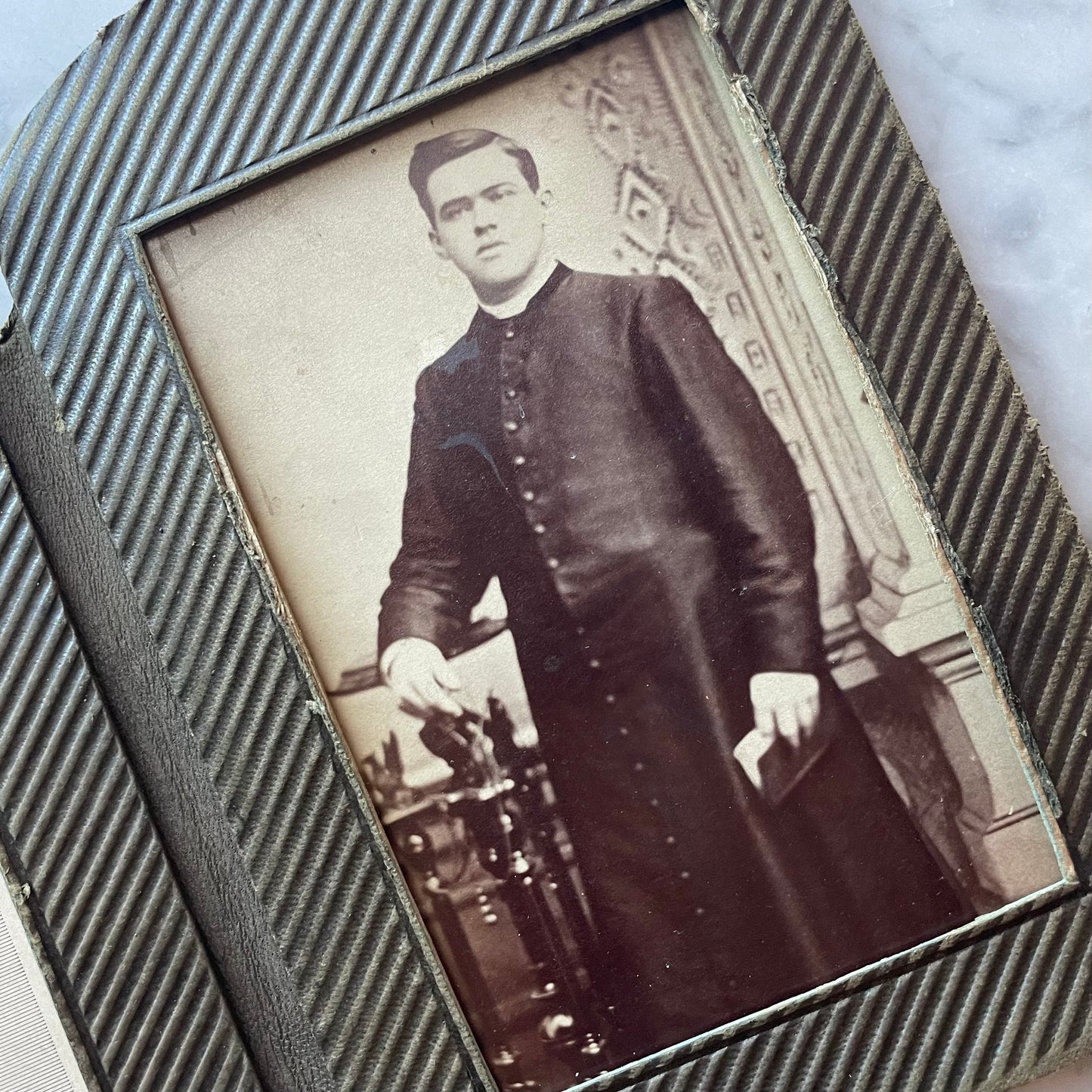 Victorian Priest Photo & Holy Card in Aesthetic Movement Leather Frame