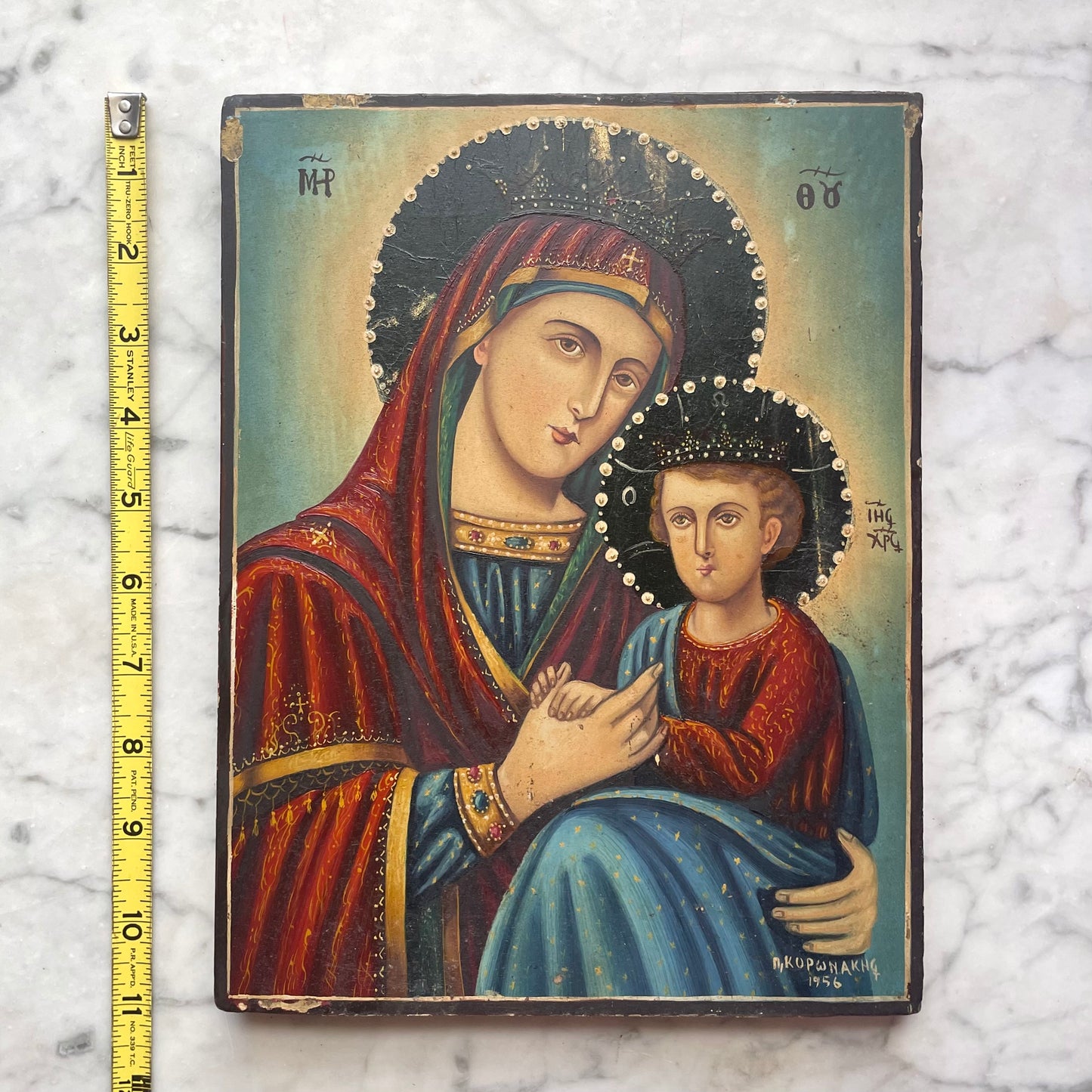 Vintage Orthodox Hand Painted Icon on Board | P. Koronakis | 1956