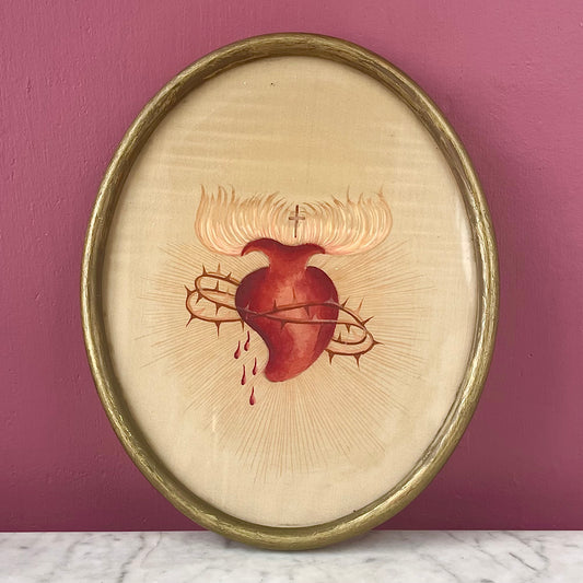Antique Sacred Heart Painting on Silk