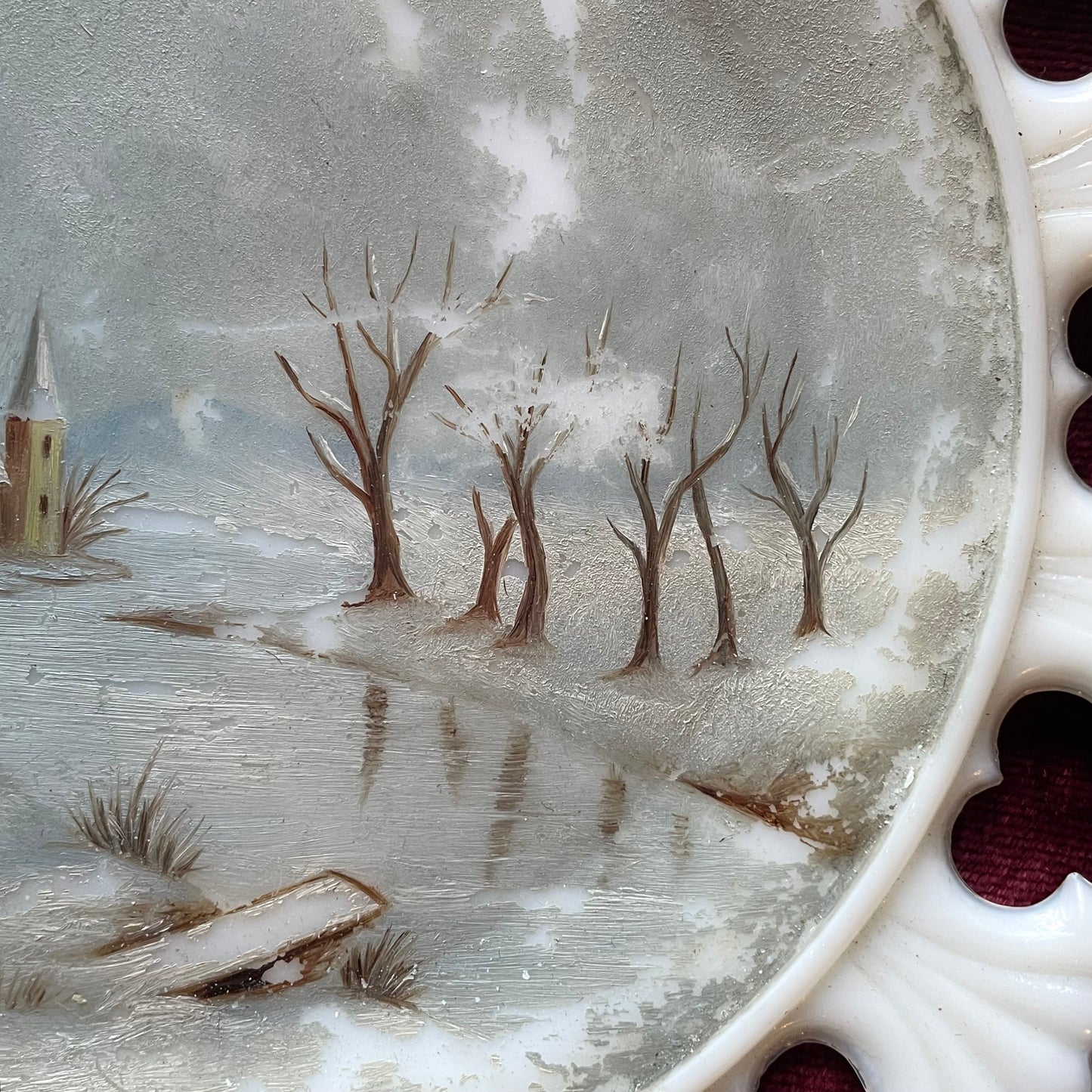 Winter Scene | Victorian Painted Milk Glass Plate
