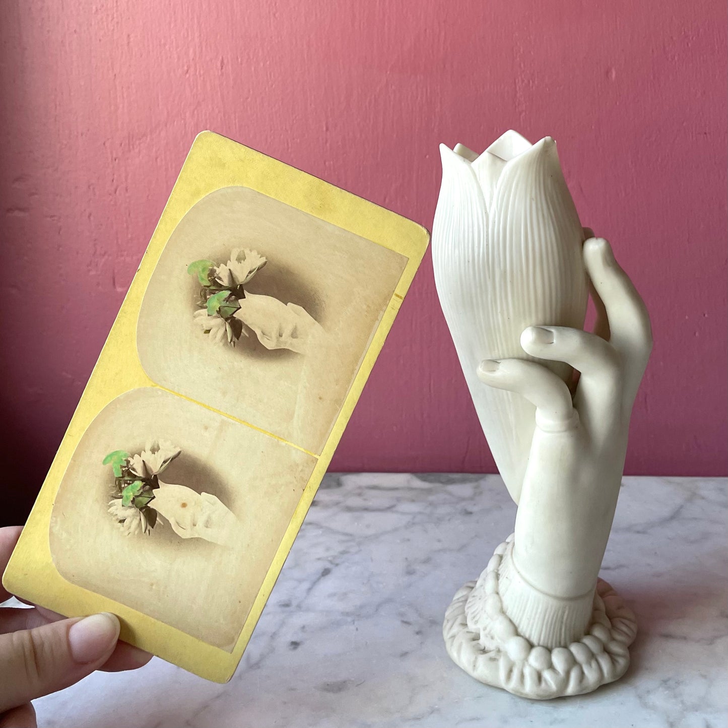 Victorian Hand Shaped Parian Vase Stereocard Photo