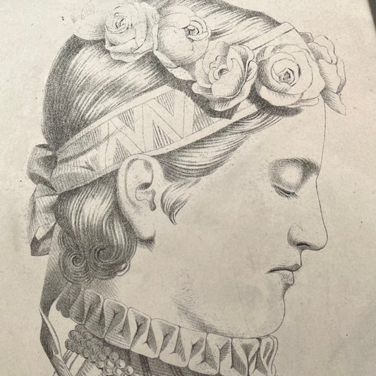 Crowned with Flowers | Antique Pencil Sketch