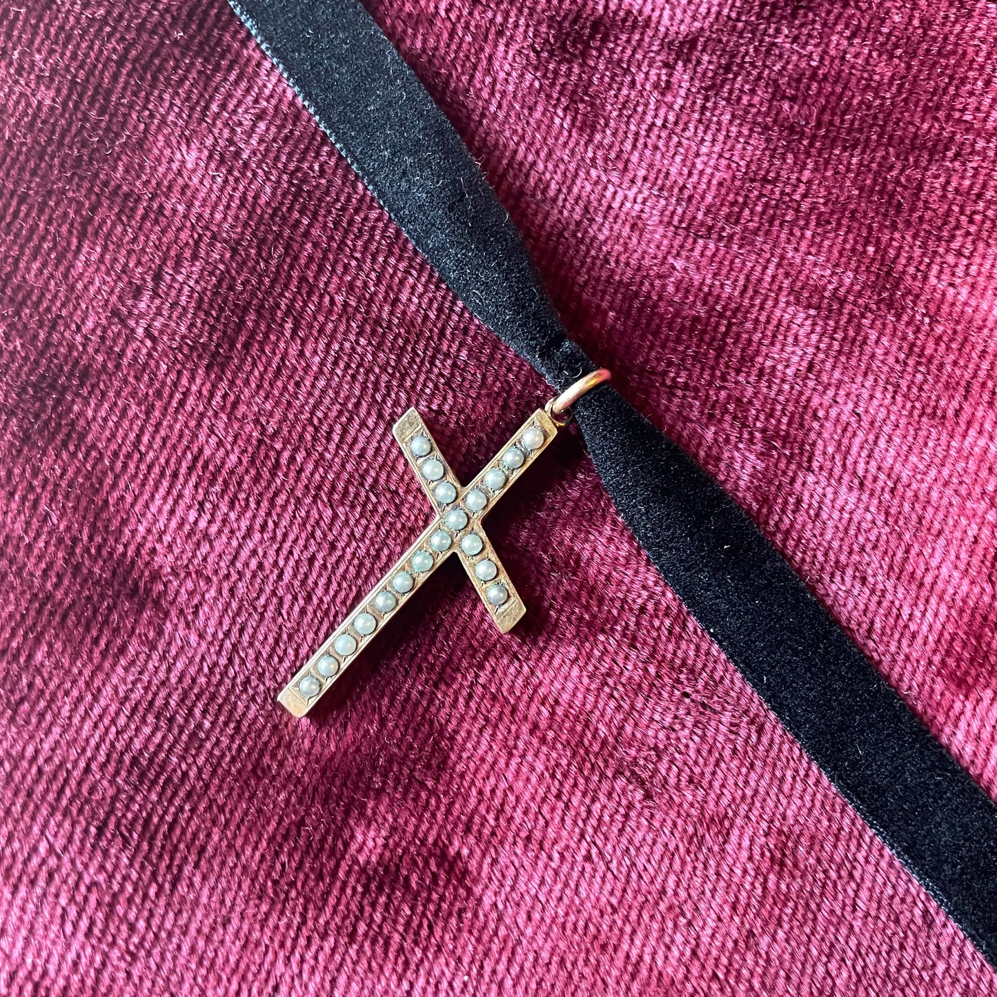 Victorian Seed Pearl Cross on Velvet Choker