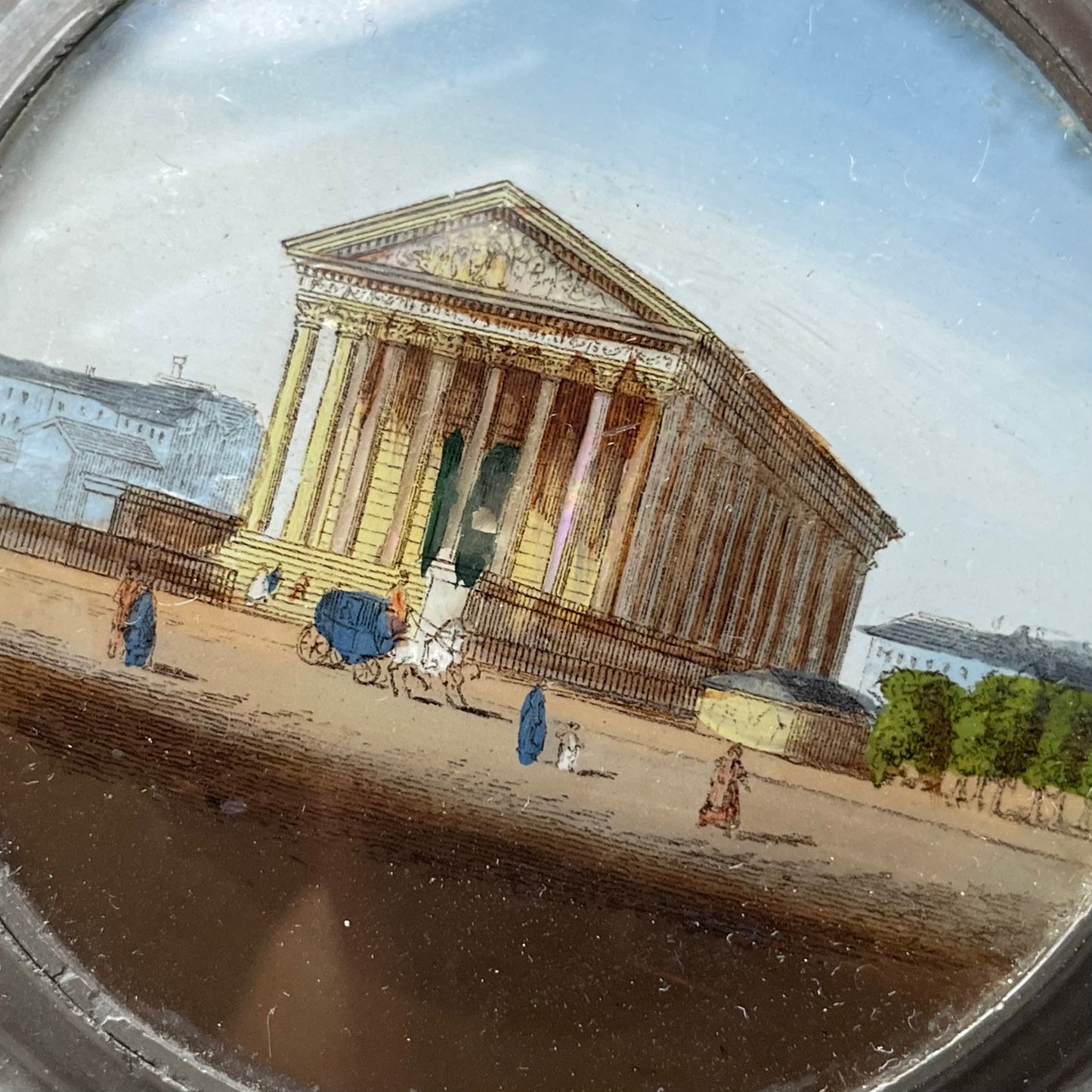 Early 19th c. Reverse Painted Glass & Metal Box | Maison Carrée | Grand Tour Souvenir