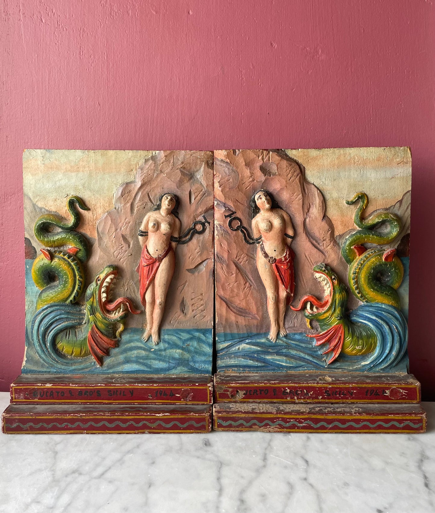 Hand Carved Andromeda Bookends | Ducato Brothers, Sicily | 1944