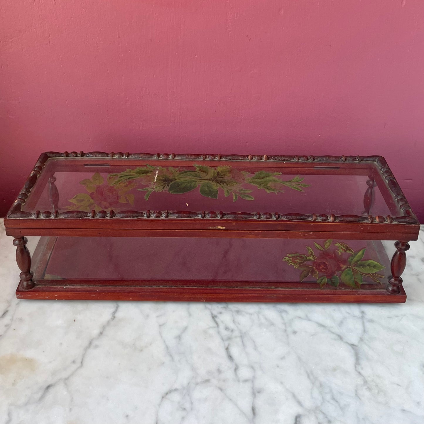 Antique Glass & Wood Glove Box