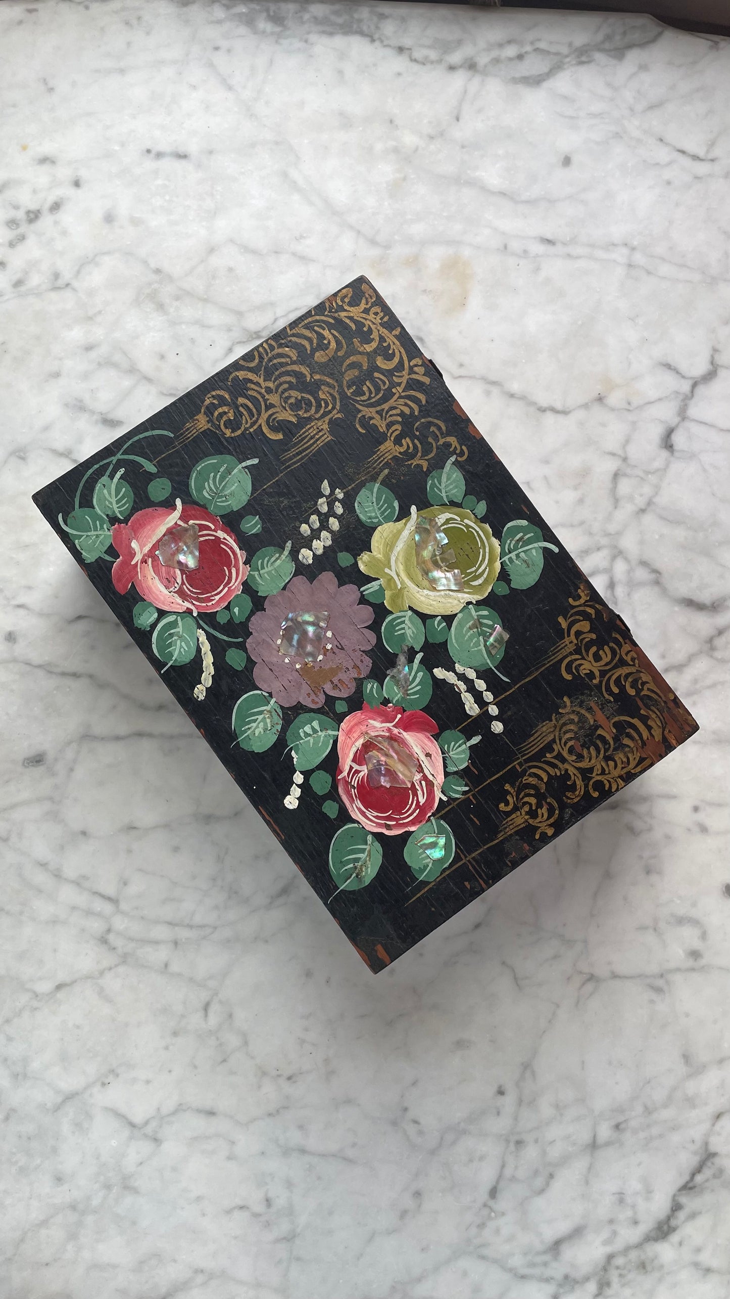 Victorian Floral Painted Box with Mother of Pearl