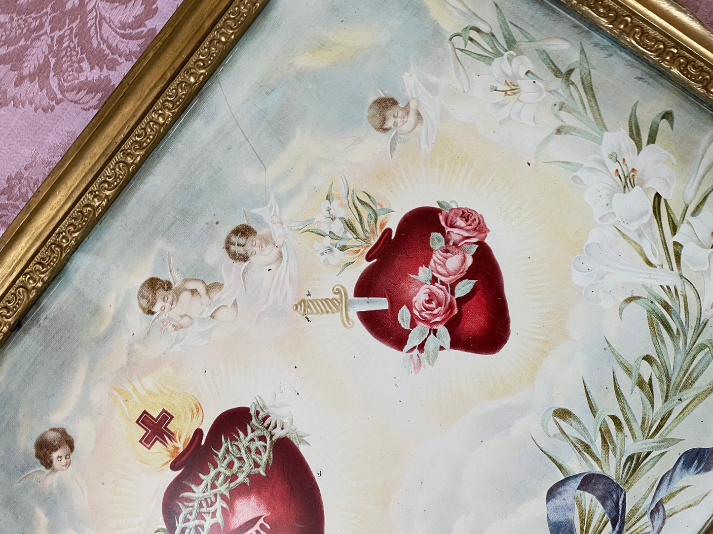 Antique Sacred Heart of Jesus and Mary Lithograph