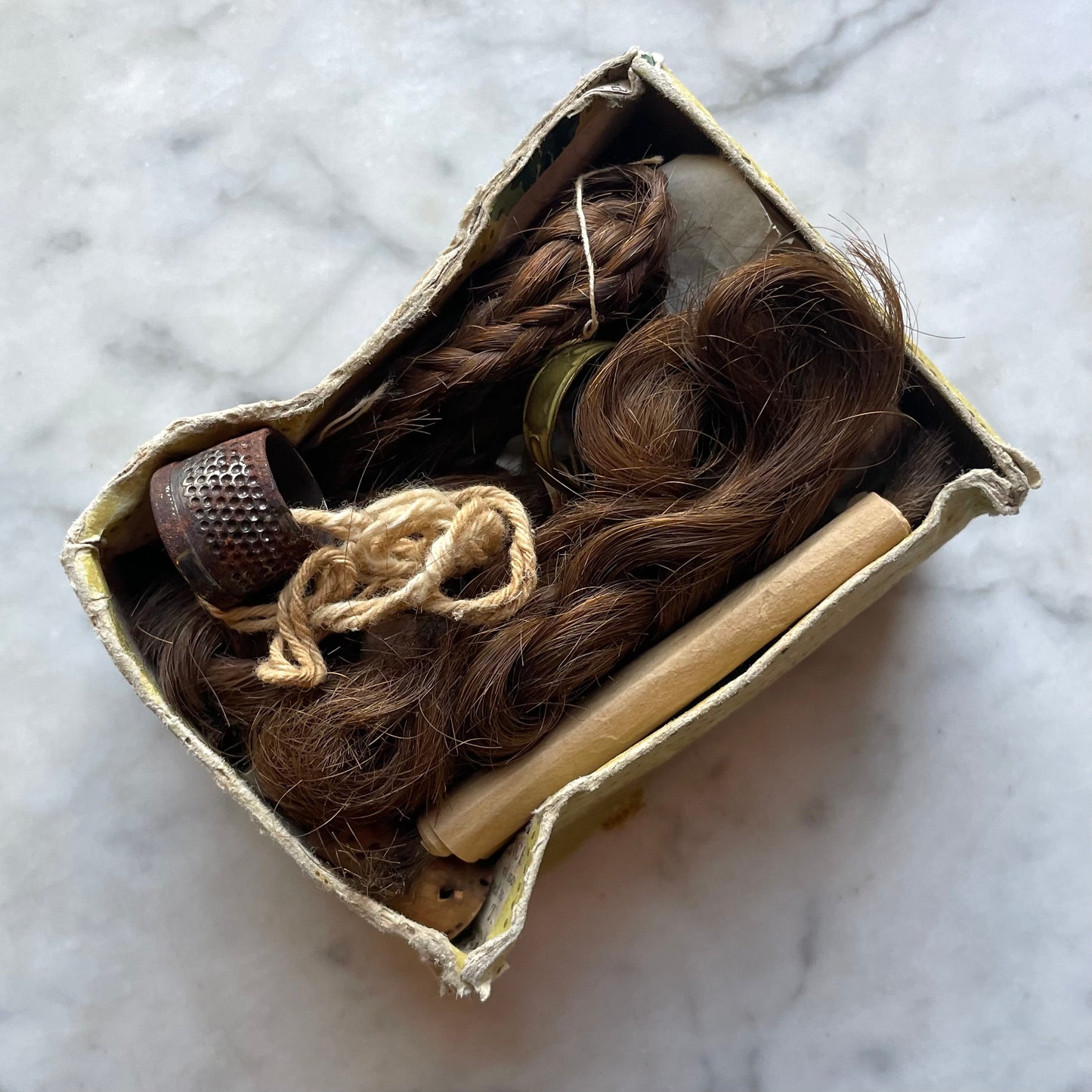 Early 19th C Wallpaper Box with Locks of Hair | 1825