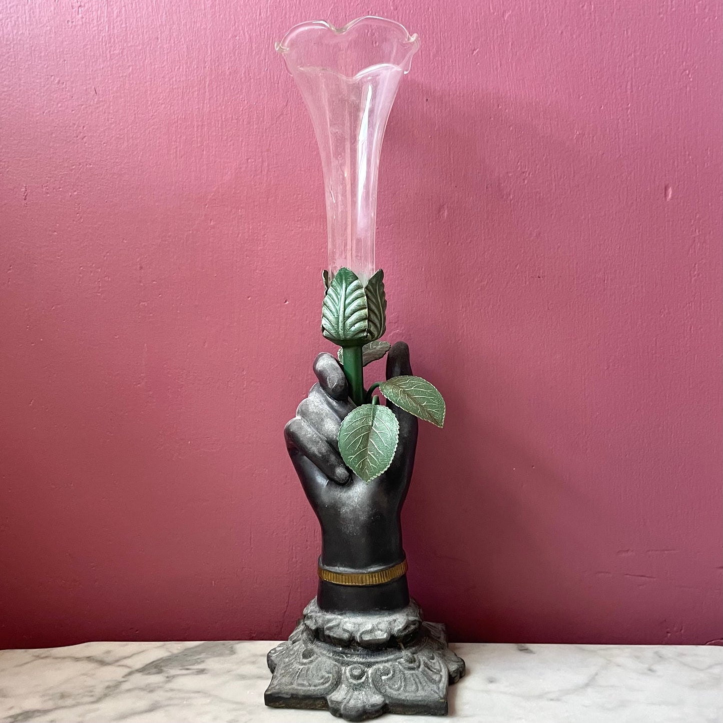 Victorian Revival Metal & Glass Hand Vase