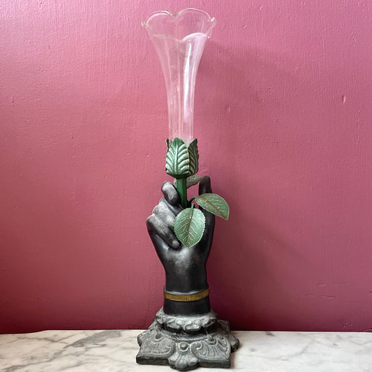 Victorian Revival Metal & Glass Hand Vase