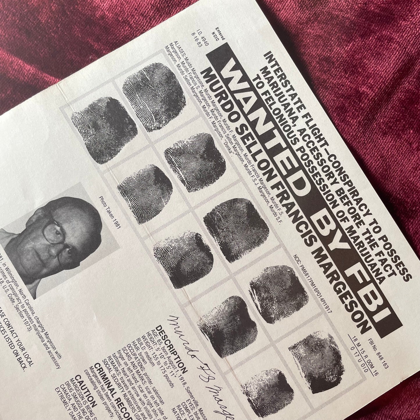 Vintage Wanted Poster | Murdo Sellon Frances Margeson | Marijuana Charges