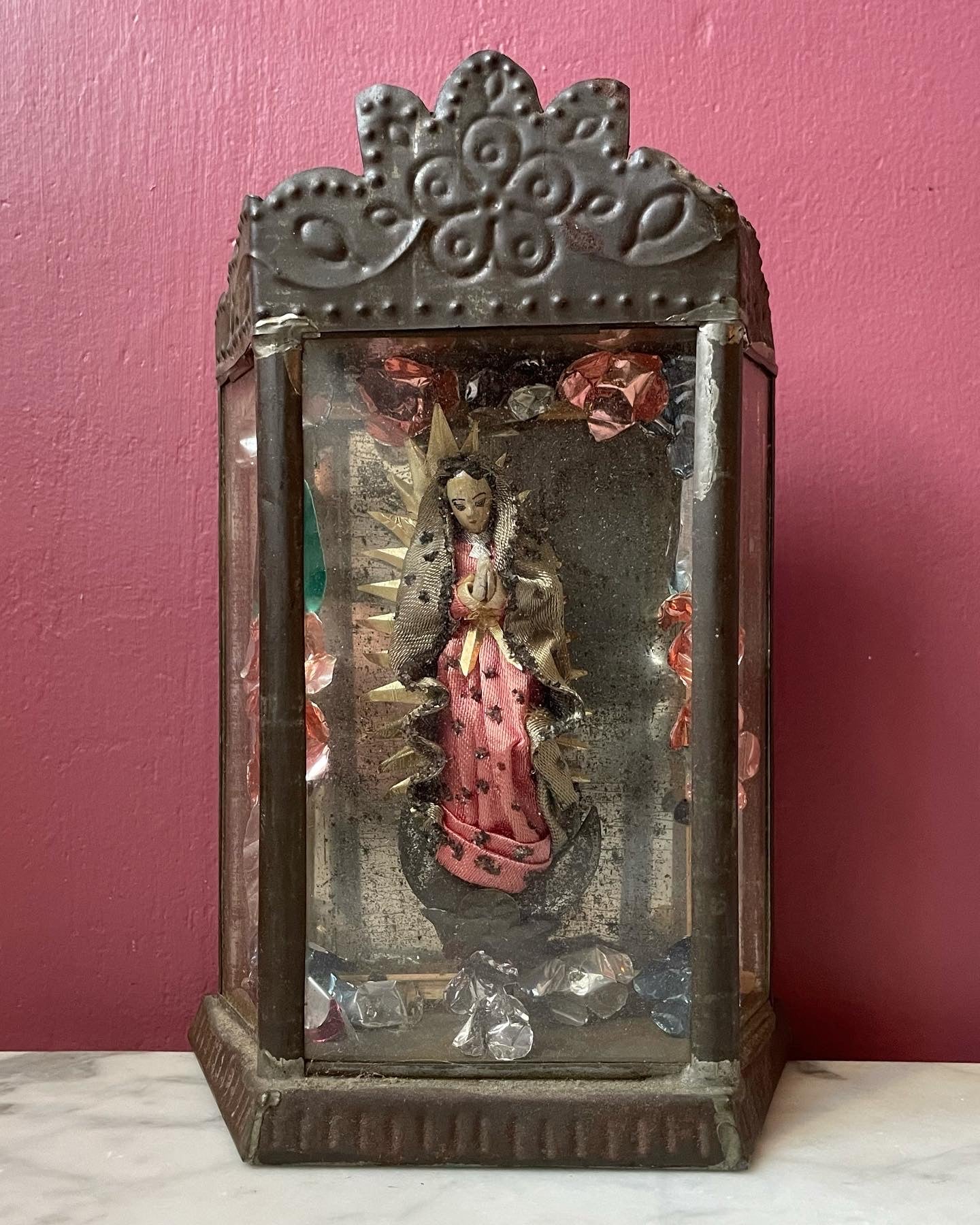 Antique Our Lady of Guadalupe Figure in Tin & Glass Nicho
