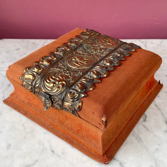 Victorian Orange Velvet Box with Decorative Metal Top and Silk Interior