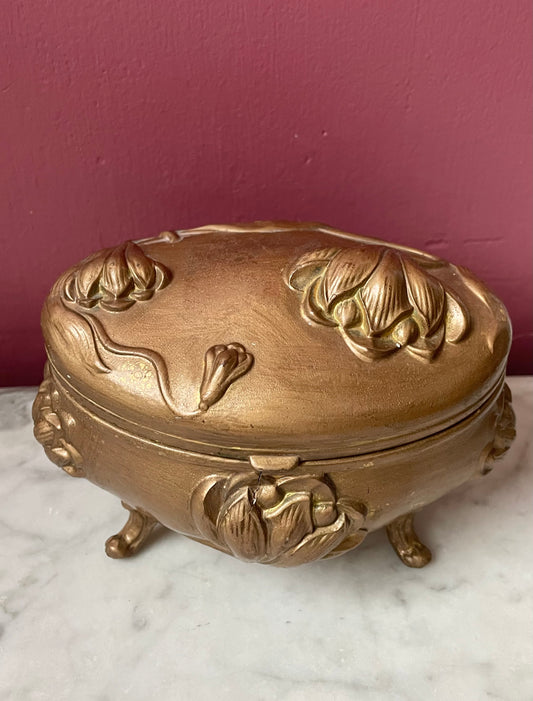 Art Nouveau Brass Jewelry Box with Lotus Blossoms