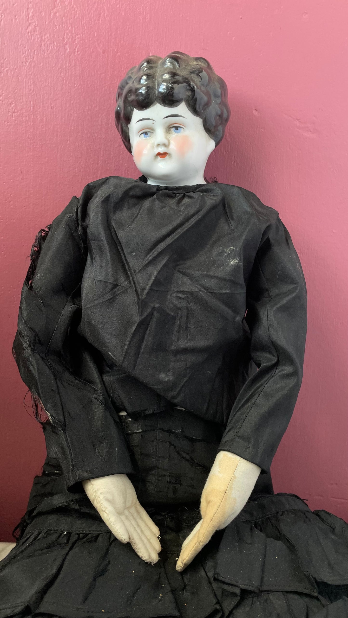 Victorian Doll in Black Silk Dress