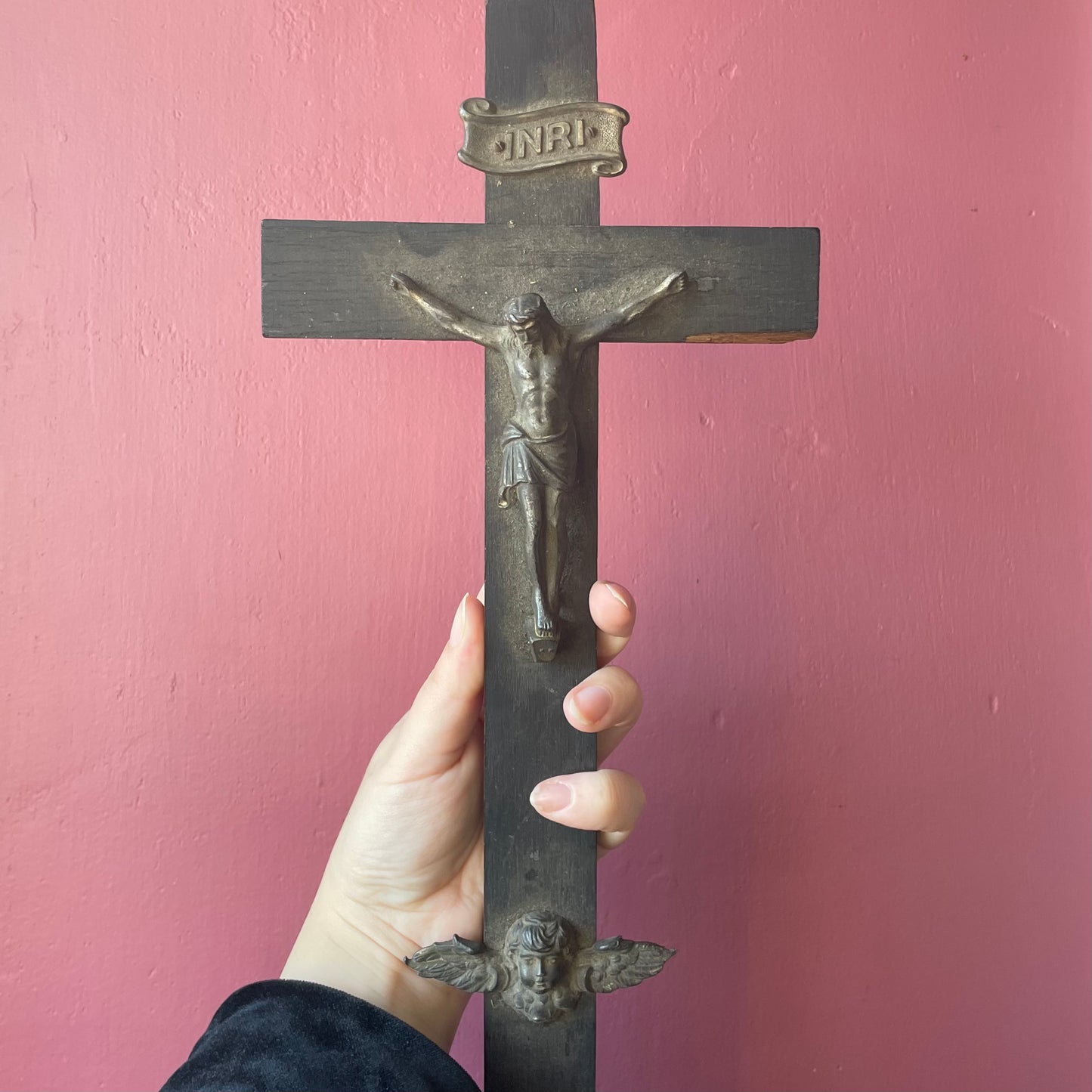 Antique Black Wood Crucifix with Cherub