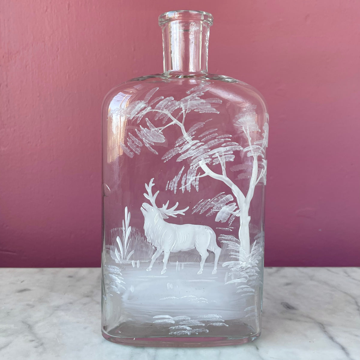 Antique Whiskey Bottle with White Enameled Deer