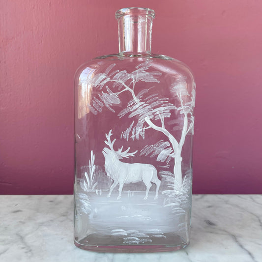 Antique Whiskey Bottle with White Enameled Deer