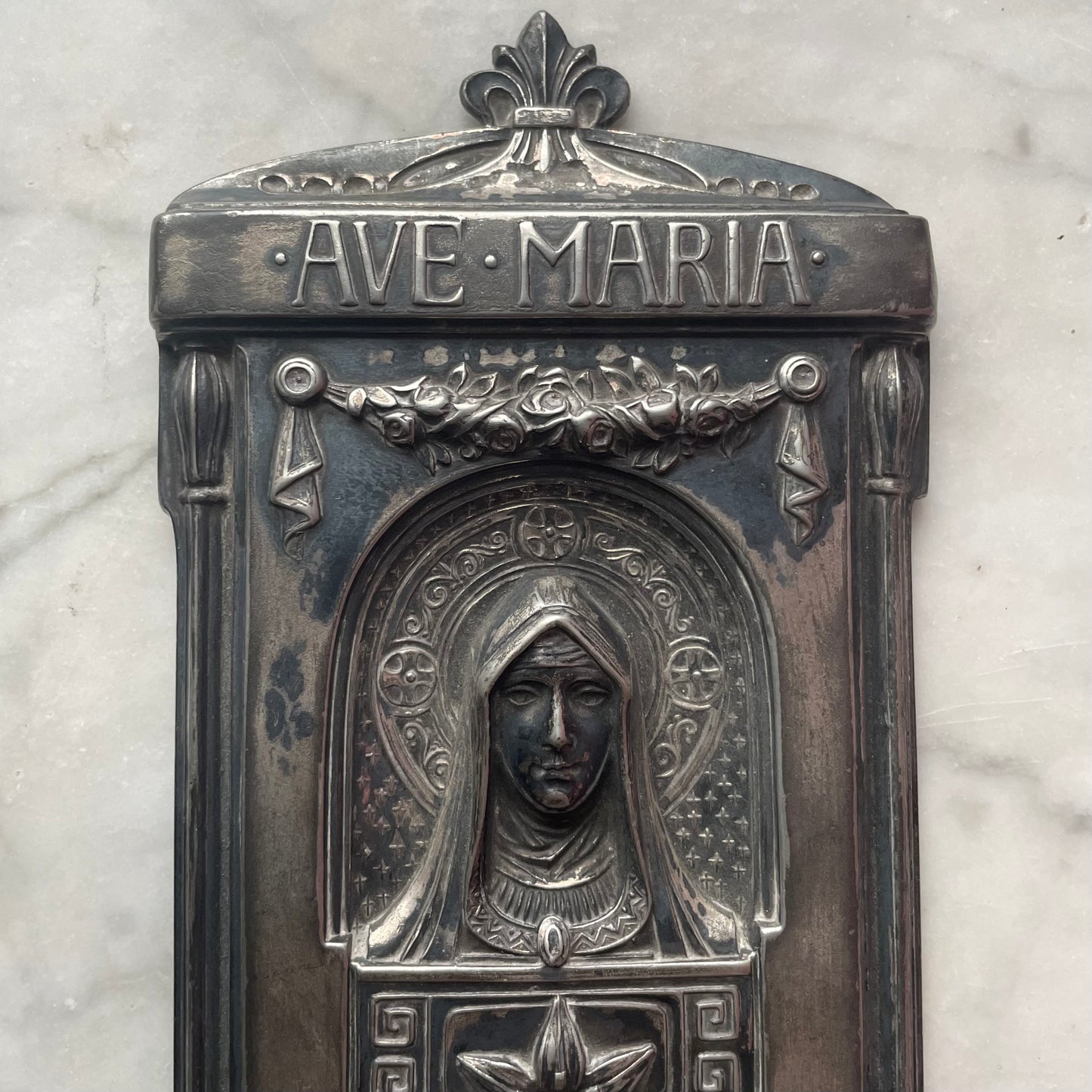 Antique Ave Maria Holy Water Font