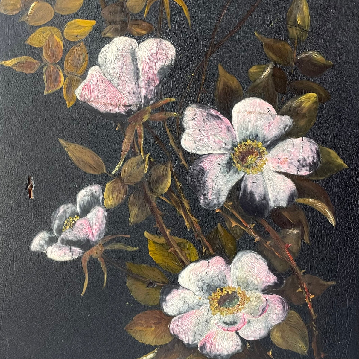 Antique Black Floral Painting on Board