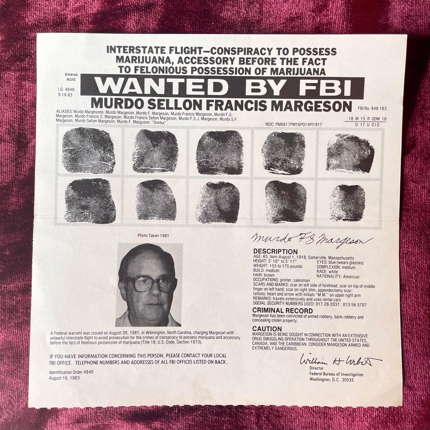 Vintage Wanted Poster | Murdo Sellon Frances Margeson | Marijuana Charges