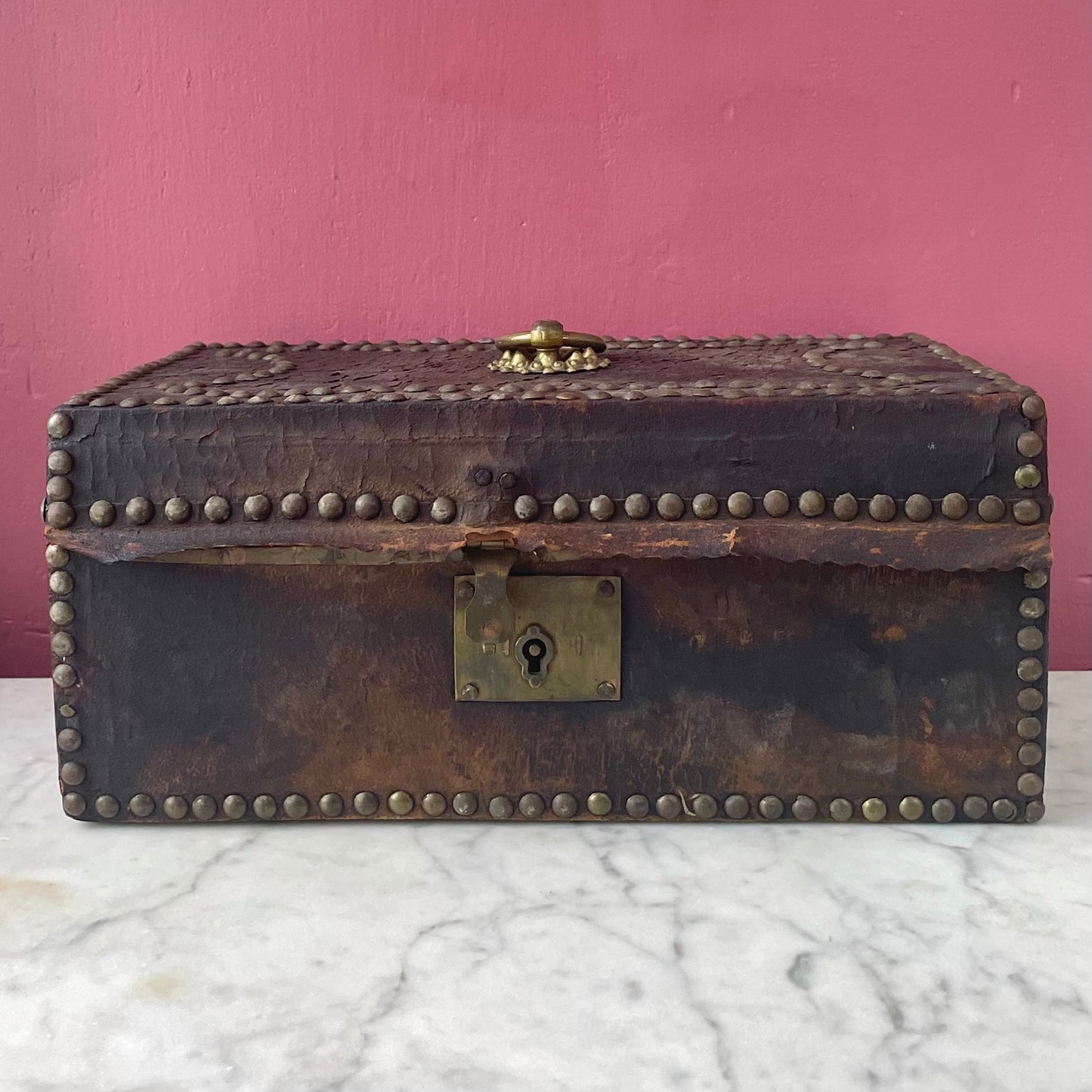 Antique Leather Tack Trunk with Marbled Paper Interior