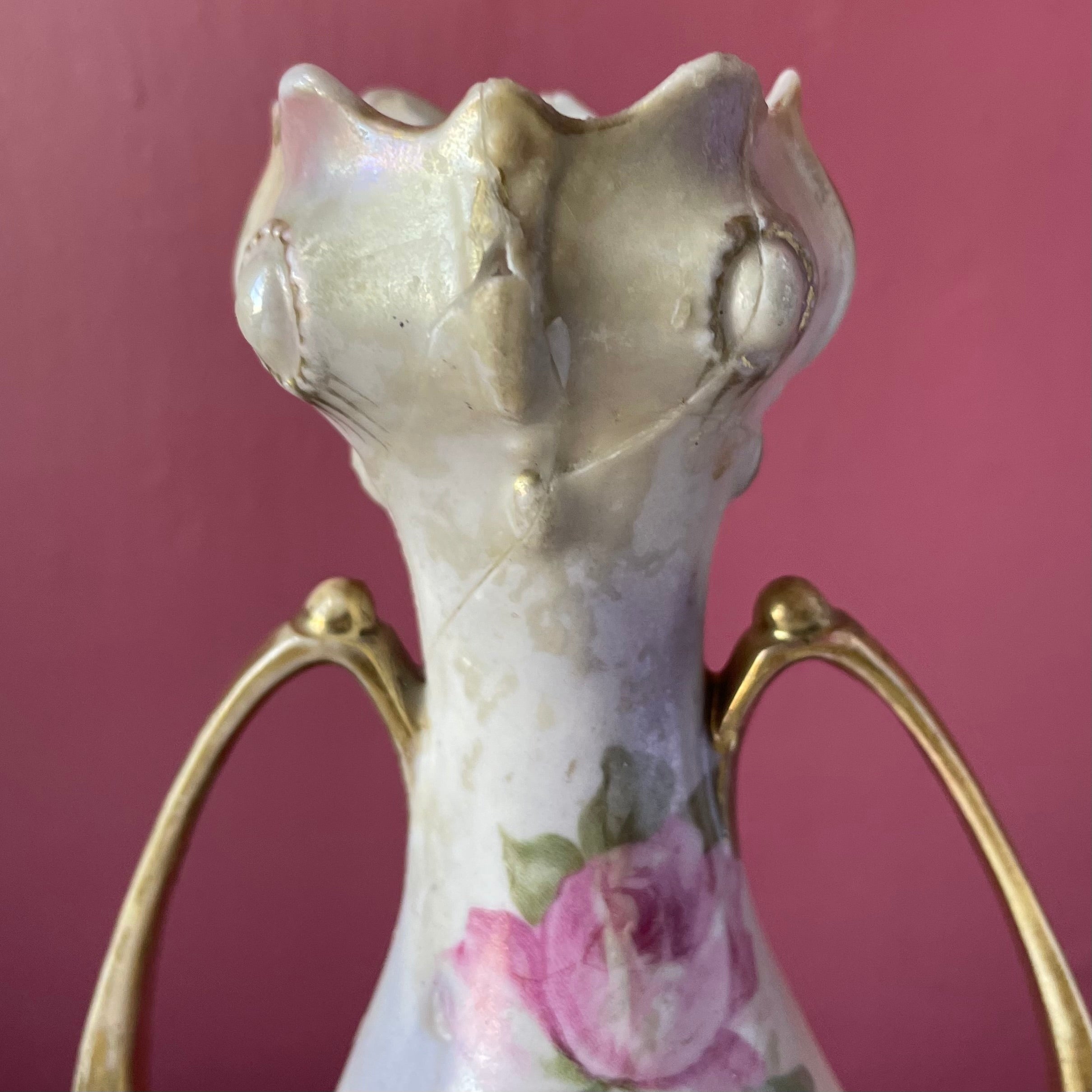 R.S. Prussia Amphora Vase with Roses and Gold Gilt circa 1870- newest damaged