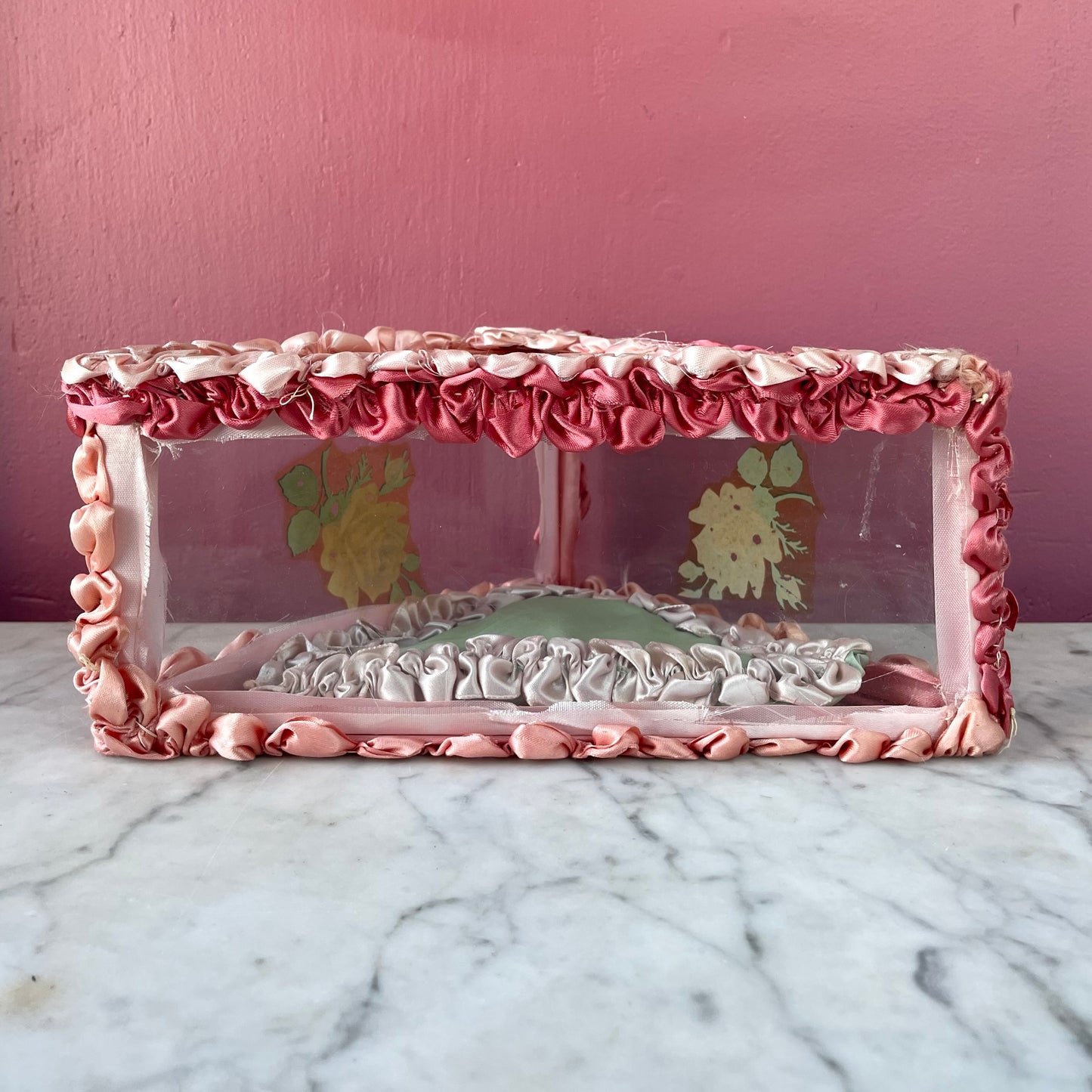 Antique Glass & Ribbonwork Handkerchief Box