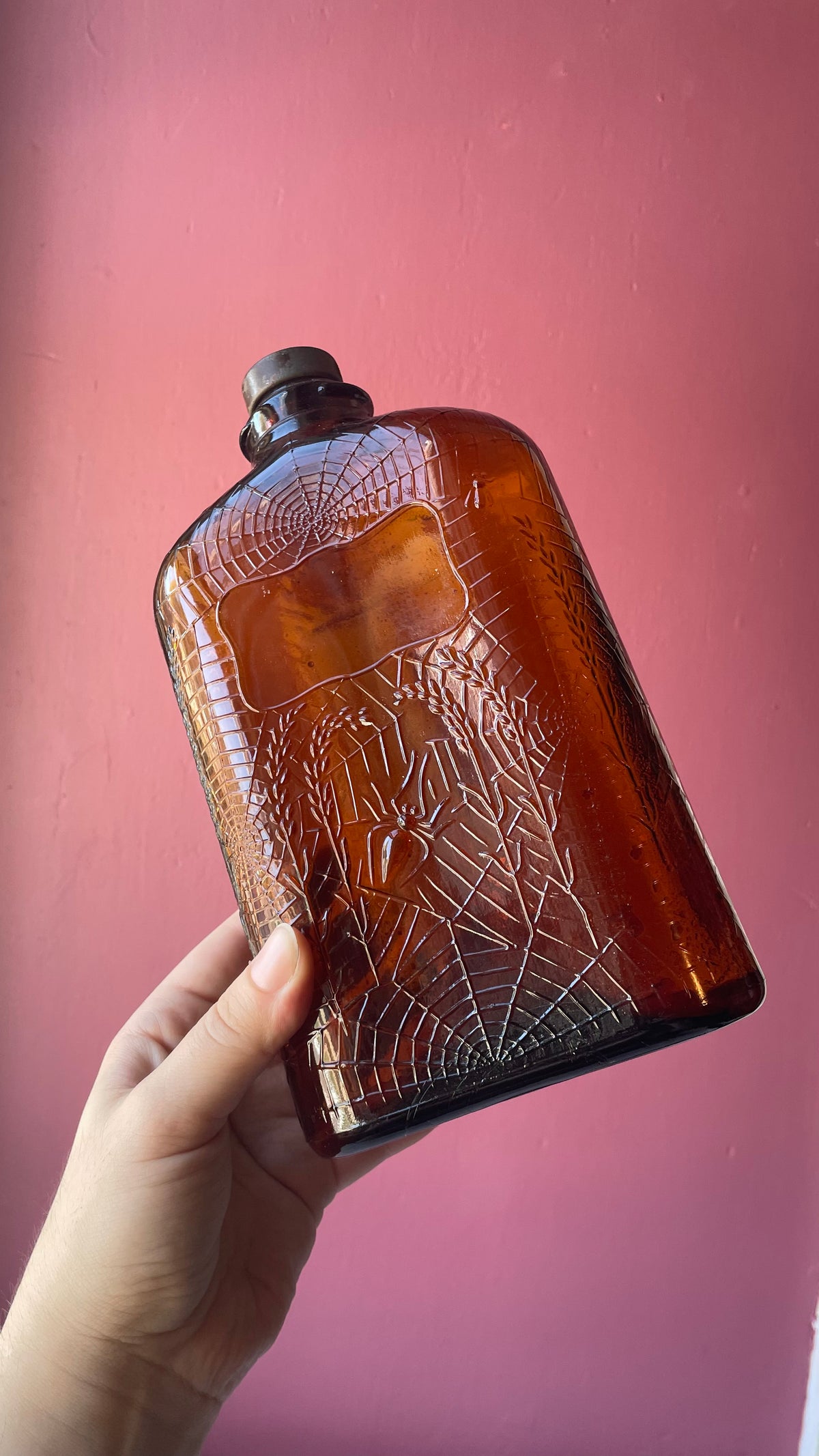 Antique Amber Spiderweb Whiskey Bottle | Four Roses