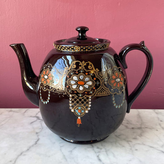 Vintage 1930s English Teapot with Rockingham Glaze & Moriage Enamel