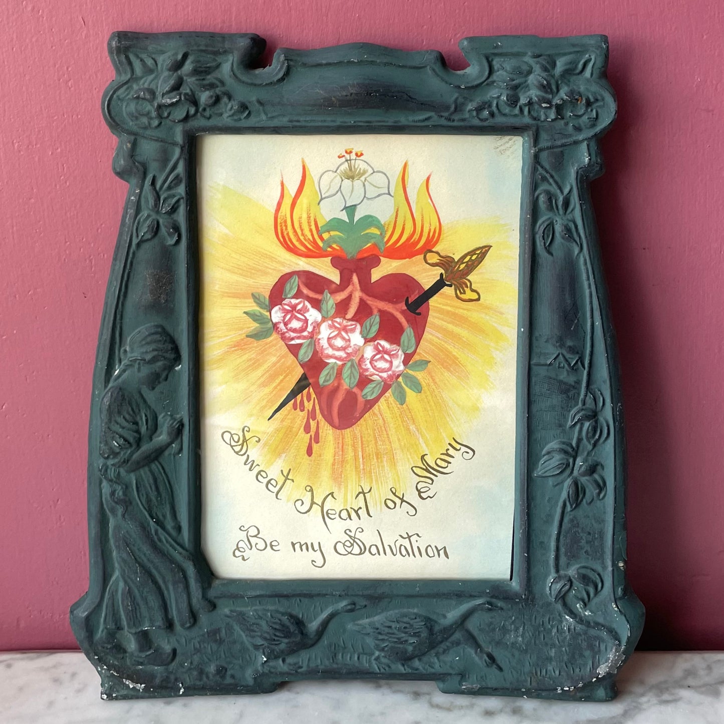 Antique Sacred Heart Painting in Art Nouveau Frame