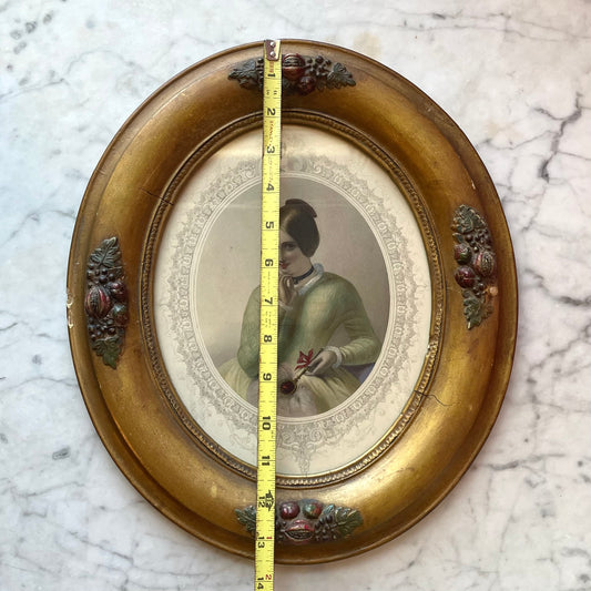 Victorian Hand Colored Print in Oval Frame