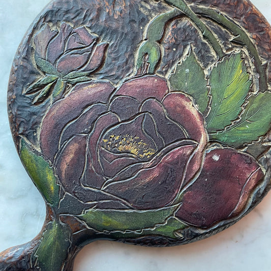 Antique Pyrography Mirror with Roses