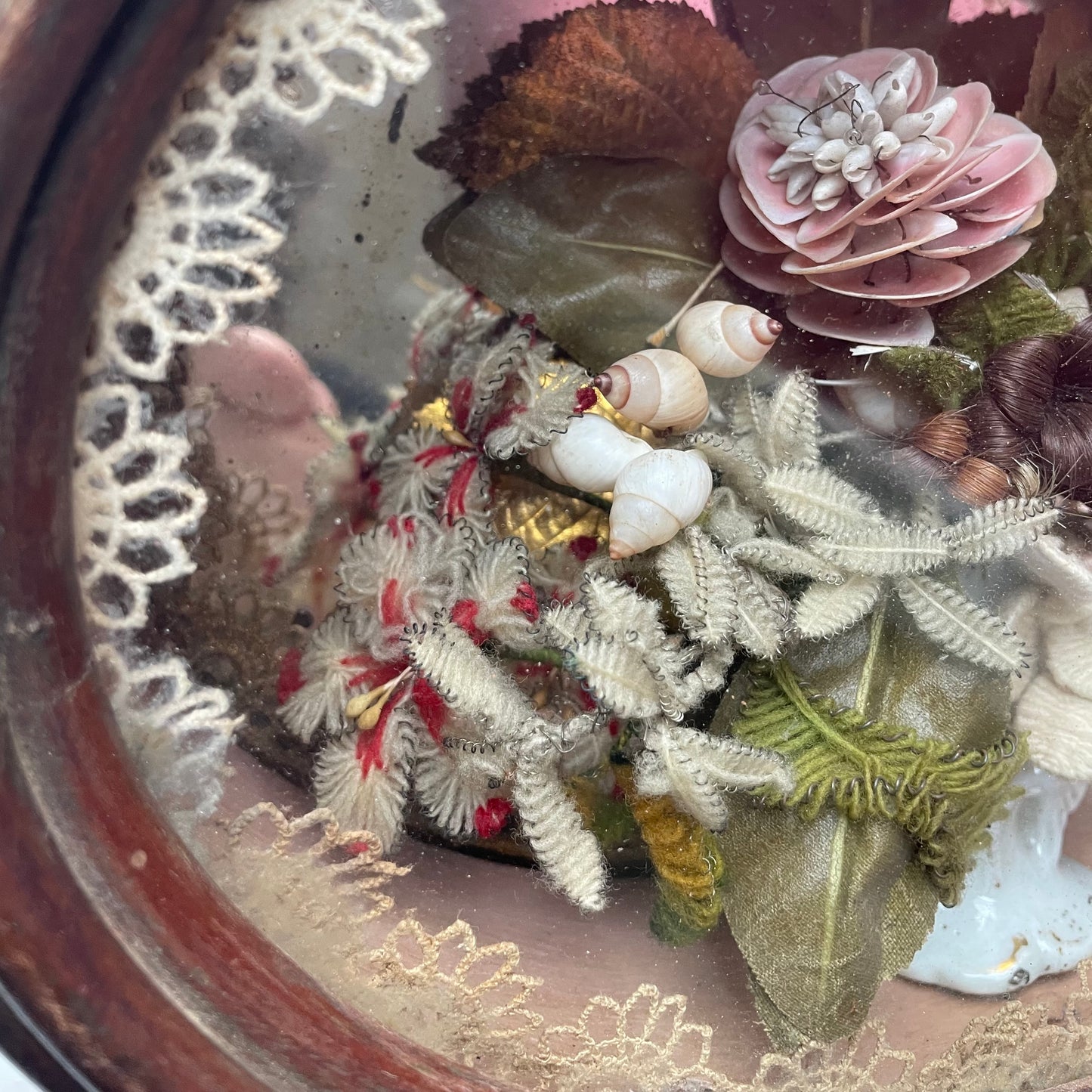 Victorian Floral Shadow Box with Hair, Wool, and Shell Work