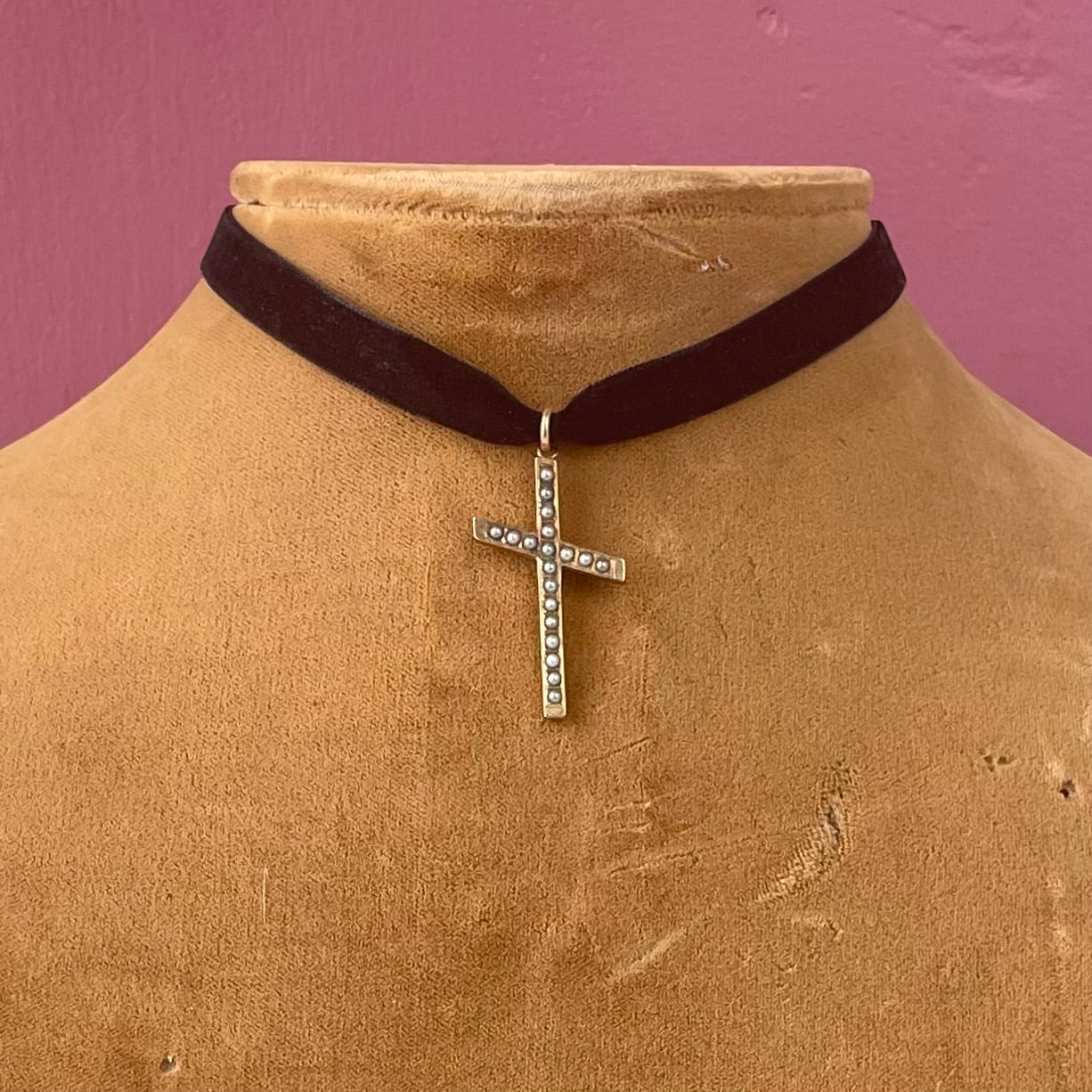 Victorian Seed Pearl Cross on Velvet Choker