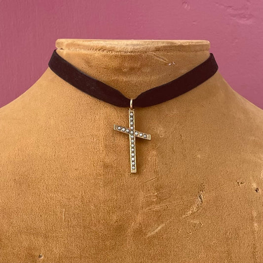 Victorian Seed Pearl Cross on Velvet Choker